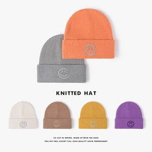 Knitted Beanie Hat Soft Warm Winter Smiley Face Embroidery Ribbed Dome Cuff Cap For Men Women Fashion Solid Color