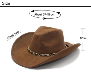 Brown western cowboy hat size guide showing 9cm brim and 57-58cm head circumference