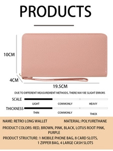 Detailed technical diagram showing 19.5cm x 10cm x 4cm dimensions of pink long wallet
