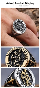 Close-up of Saint Christopher religious embossed stainless steel ring with cross engraving