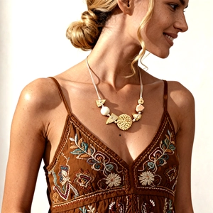 Detail of bohemian necklace with wooden beads, woven rattan disk, and gold metal accents