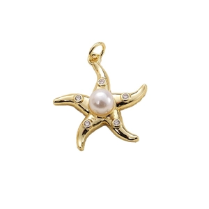 Gold starfish charm with central pearl and zircon accents for DIY jewelry making