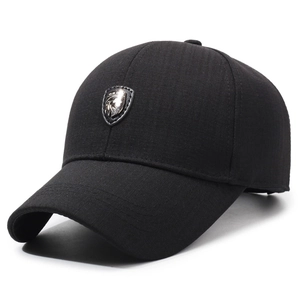 Classic black baseball cap for middle-aged men with silver shield emblem and textured fabric