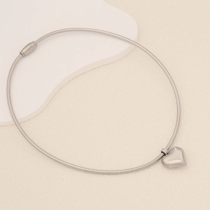 Minimalist silver stainless steel heart pendant necklace with sleek snake chain design