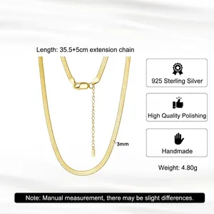 Golden 3mm S925 sterling silver snake chain necklace with 5cm extension and polished finish