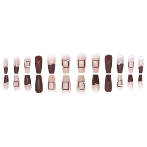 Detail of 24pcs brown gradient press-on nails with silver rhinestones and square motifs