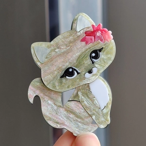 Cute cartoon calico cat brooch in green and pink marble acrylic with golden glitter