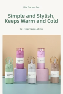 Detailed view of 150ml mini insulated cups in green, purple, grey, pink and brown colors