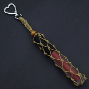 Bohemian style hand-woven macrame lipstick holder pouch with silver heart-shaped metal clip