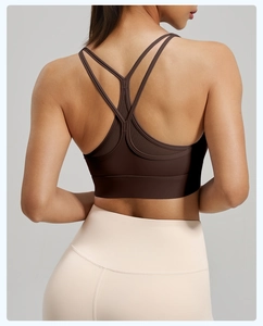 Detail view of high-support sports bra with mesh cross back and yoga pants texture