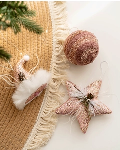 Pink and gold Christmas ornaments with glitter, pine cones and faux fur details