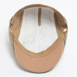 Men's vintage khaki camo cotton beret flat cap with embroidered A and striped lining
