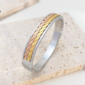 Titanium Steel Contrast Color Pentagram Bangle For Women Trendy Geometric Hollow Star Wave Pattern Metal Bead Bracelet Jewelry Gift