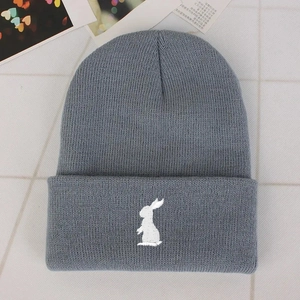 Detailed knit texture and white rabbit embroidery on grey casual beanie hat