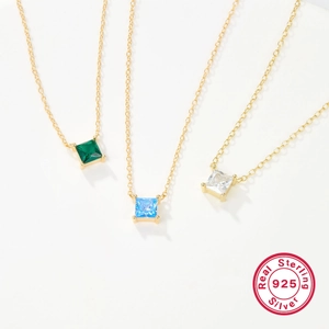 Minimalist S925 sterling silver necklaces with square zircon pendants in three colors