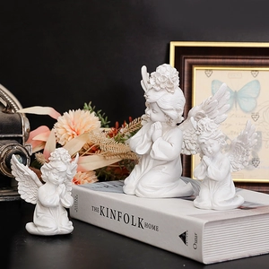 Three-piece set of white resin praying angel statues for modern minimalist home decor