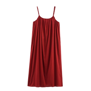 Robe Maxi De Couleur Unie Bretelles Perlées Plissée Taille Haute Sans Manches Vacances Plage Élégante Robe D'été Longue