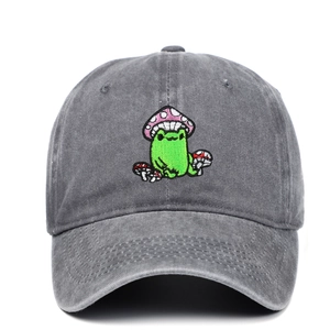 Baseball Cap Washed Cotton Cartoon Frog Mushroom Embroidery Adjustable Vintage Sun Protection Outdoor Retro Hat
