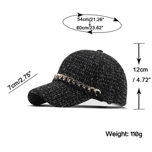 Black tweed baseball cap with gold chain detail, featuring dimensions and size measurements