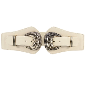 Beige elastic waist belt with ornate dual gold buckles and textured PU leather finish