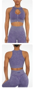 Close-up of ribbed purple yoga set showing front zipper detail and ruched butt lifting seam