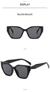 Front and 45-degree side views of black cat-eye sunglasses with geometric temples