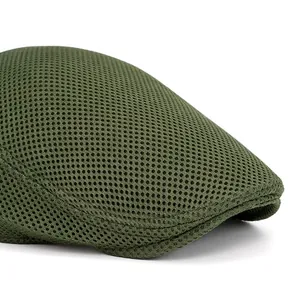 Army green mesh flat cap with breathable honeycomb fabric and foldable brim for outdoors