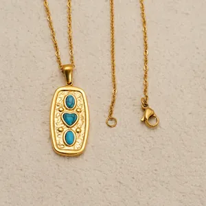 French vintage gold plated necklace with turquoise heart pendant and hammered texture