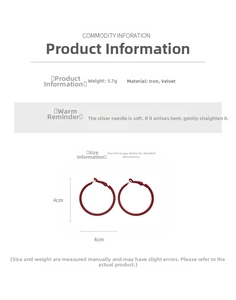 Detailed specs for 4cm burgundy velvet hoop earrings with silver pins weighing 5.7g