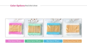 Detailed set of 100 bamboo cotton swabs in pink, blue, and green spiral and round tips