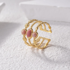 Chic triple-layer gold wave ring featuring pink opal inlay and adjustable open band