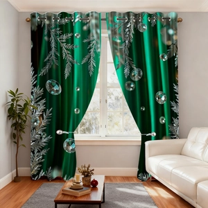 Christmas curtains with 3D digital print of green satin and silver pine branches