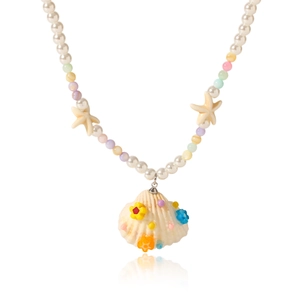Detail of starfish and shell pendant necklace with colorful floral beads and pearls