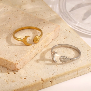 Minimalist stainless steel sun and moon open rings in elegant gold and silver finishes