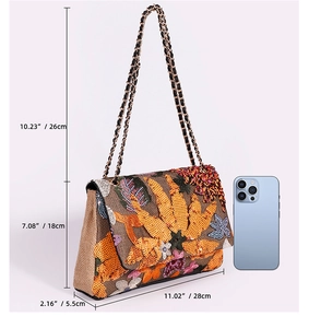 Detailed dimensions of embroidered sequin shoulder bag with floral patterns and chain