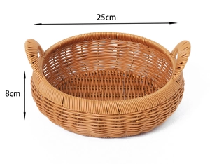 Close-up of a 25cm round woven storage tray with handles showing detailed dimensions