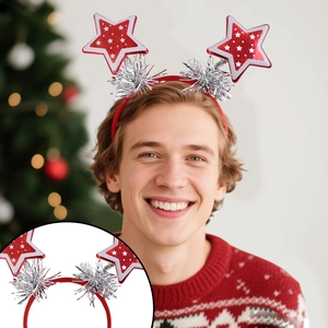 Christmas headband with red star stars and silver tinsel on male model for holiday party