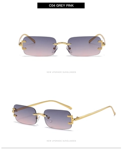 Detail of rimless rectangle sunglasses with grey pink gradient lenses and gold metal trim