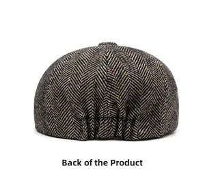 Rear view of herringbone tweed newsboy cap with elastic band and colorful fiber dots