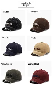 Detail view of multi-color washed cotton baseball caps with vintage NY & JA embroidery