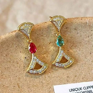 Asymmetric fan-shaped 14K gold plated earrings with teardrop zircon and pavé stones