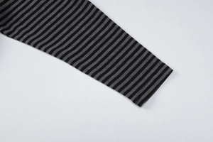 Detail of black and grey striped long sleeve cuff with high quality knit fabric texture