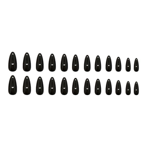 Glossy black long almond press-on nails set with 24 pieces on a white background