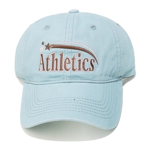 Detail of light blue cotton baseball cap with Athletics embroidery and star pattern