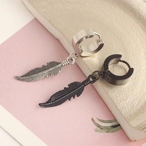 Minimalist silver and black stainless steel feather pendant hoop earrings for men and women