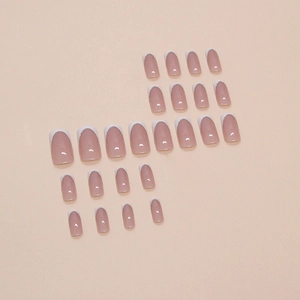 French press-on nails with nude pink base, white scalloped tips, 24pcs short square set