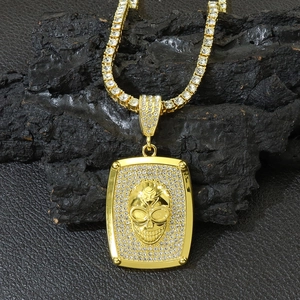 Collier Pendentif Crâne Hip Hop Alliage Strass Iced Out Plaque Carrée Chaîne Tennis Bijoux Punk Rock