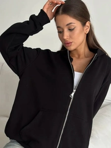 Classic black oversized zip-up hoodie for women with hood and metal zipper detail