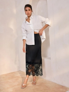 Women Satin Midi Skirt With Lace Patchwork High Waist Side Slit Elegant Satiny Solid Color Street Style Bottoms