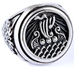 Macro shot of vintage Viking longship relief on a 316L stainless steel punk ring